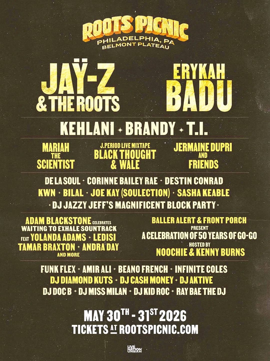 Roots Picnic lineup poster with Jay-Z and The Roots, Erykah Badu and Funk Flex
